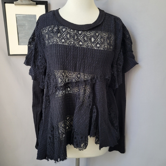 Free People Snowfall Lace Patchwork Top Black M - Picture 3 of 15